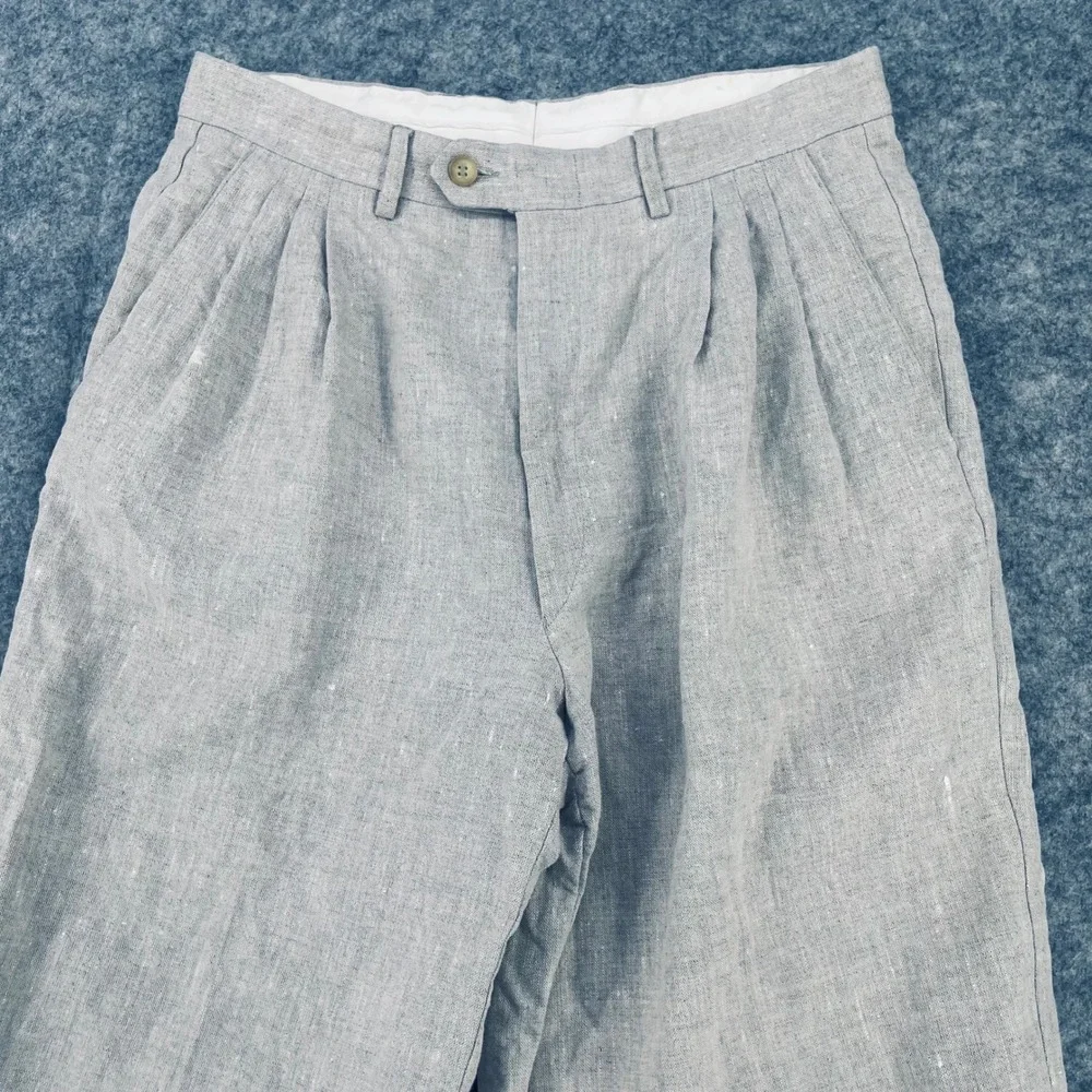 Baxter Sport Trousers Men 32x32 Brown 100% Linen Pleated Wide leg Fit 30x28 Pant